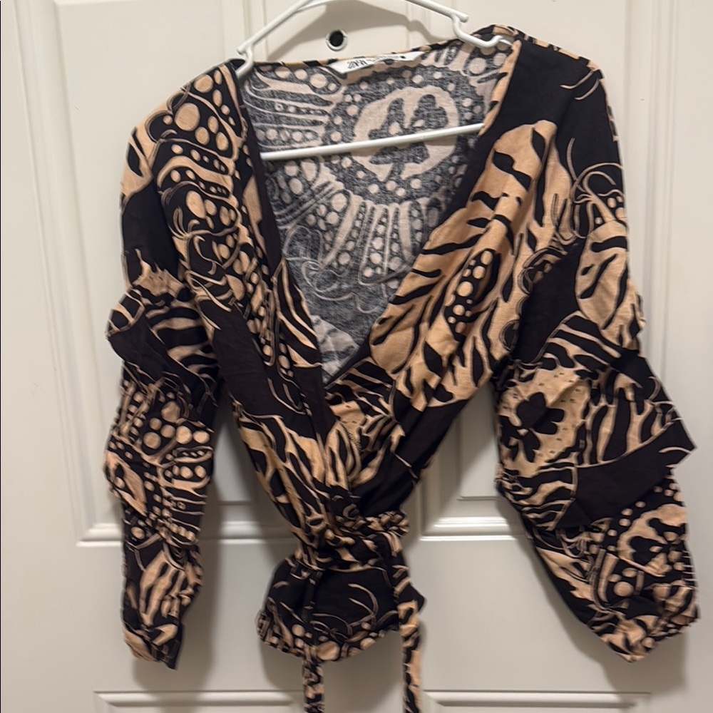 Zara Black and Tan Wrap Blouse with Tie Front